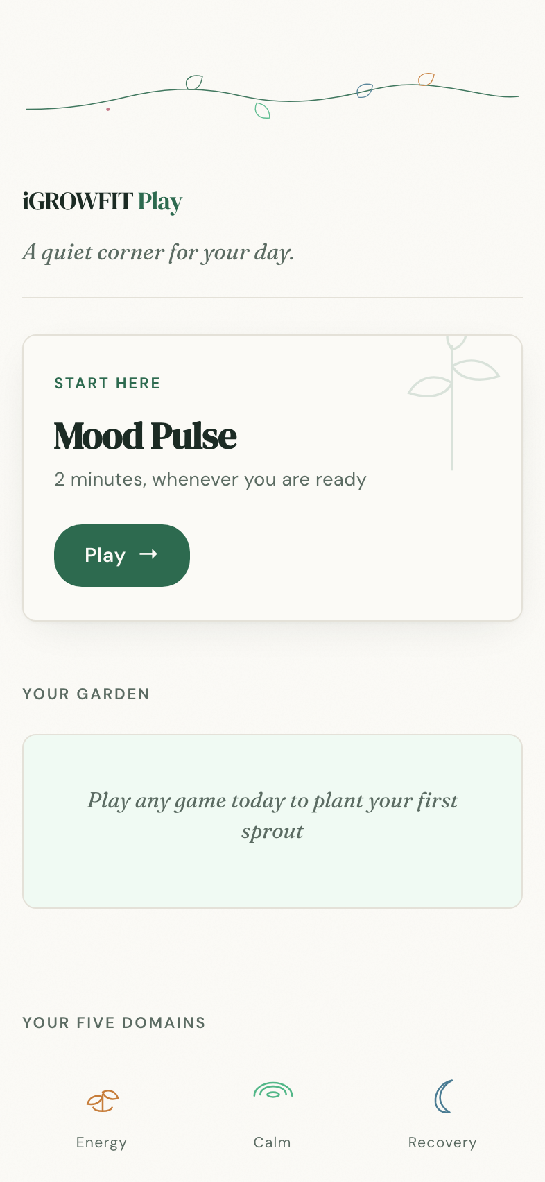 iGROWFIT Play daily hub with garden
