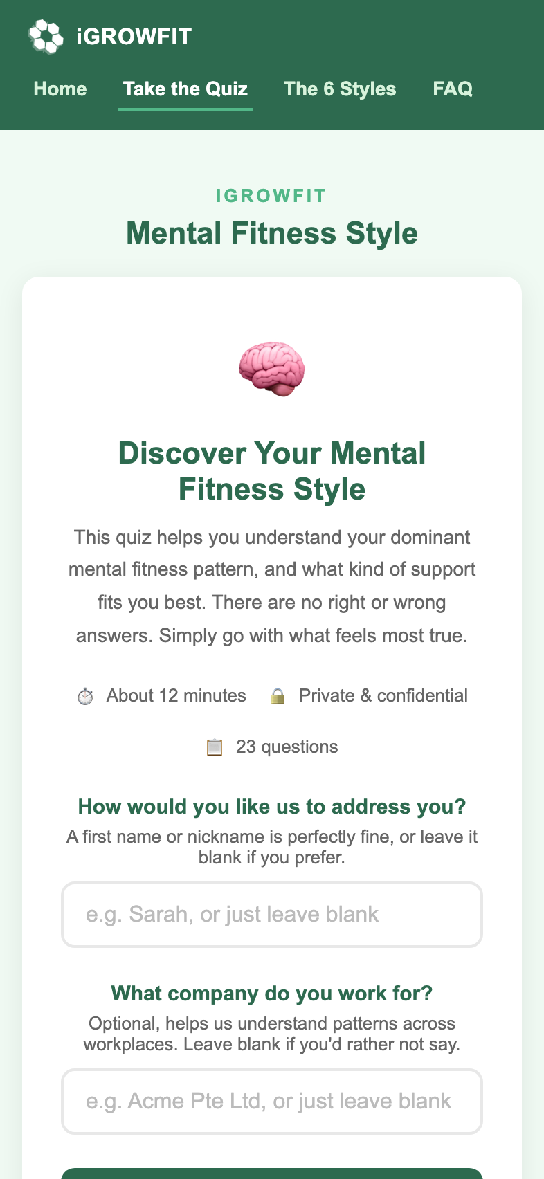 Mental Fitness Style check intro screen