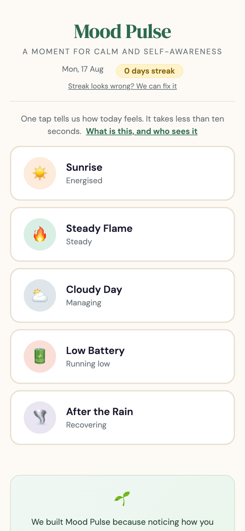 Mood Pulse daily check-in screen